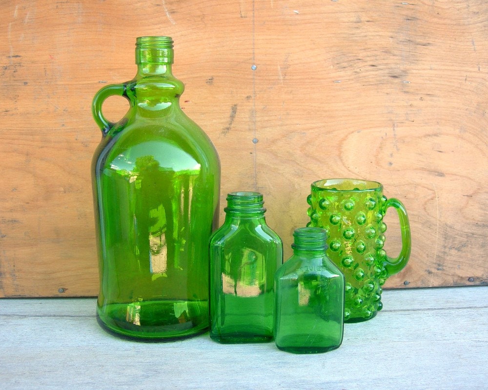 Vintage Green Glass Bottles & Mug Lot Medicine Bottles Wine