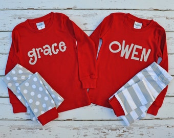 Christmas Stripe and Dots Pajamas -Christmas Personalized Pajamas -Christmas Monogram Pajamas - Christmas Pajamas - JULIANNE ORIGINALS