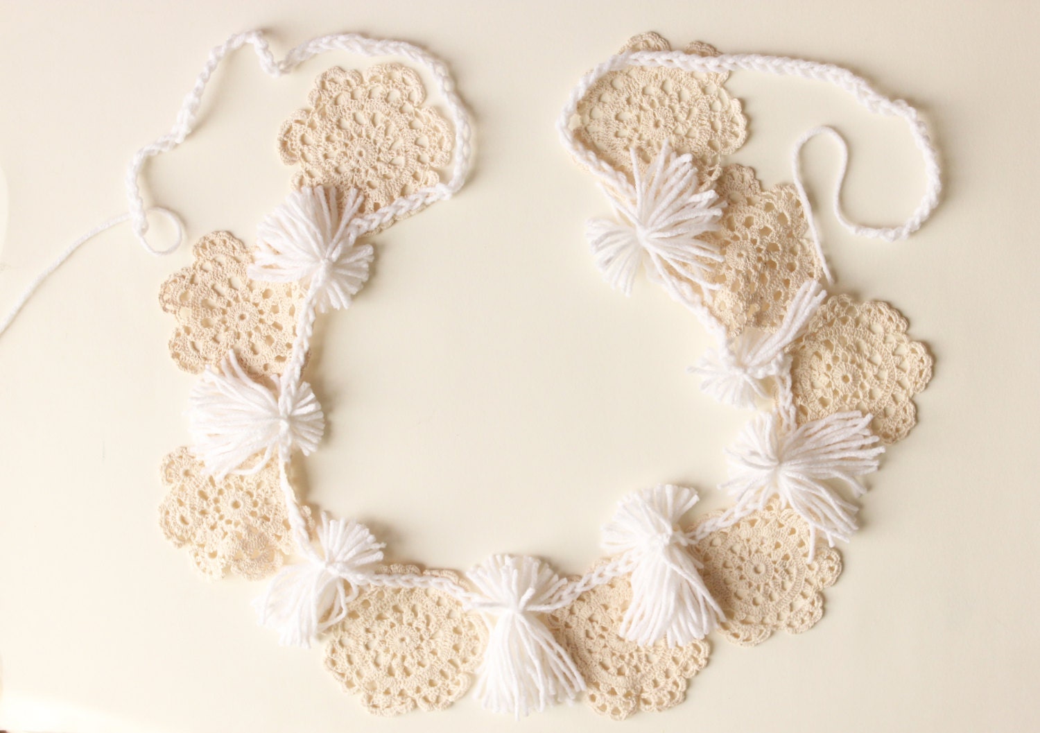 Crochet tassel garland Vintage wedding decor Ivory doily up