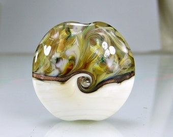 Ivory Tan Gold Lampwork Glass Lentil Focal Bead