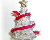 Merry Christmas Tree JJ pin Jonette brooch vintage jewelry pewter Xmas