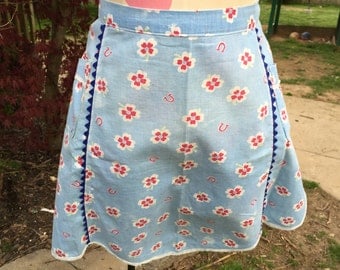 Vintage Well Loved Blue with Red Flowers and Blue Rick Rack Trim Half Apron