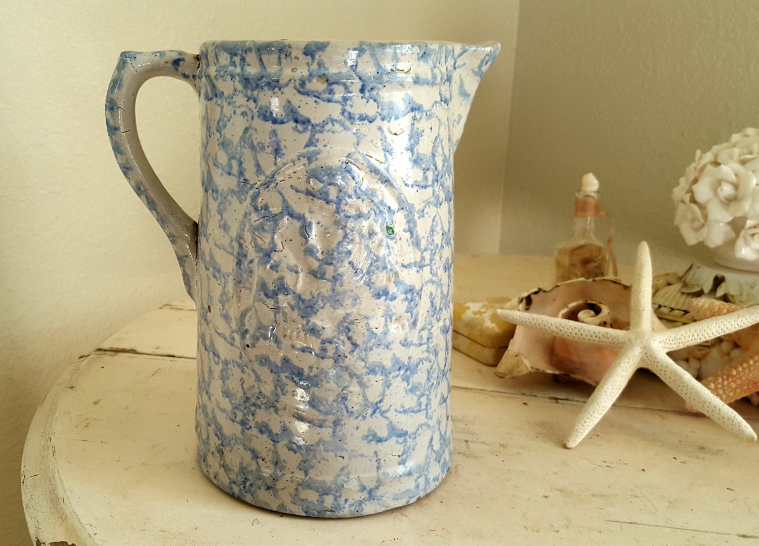 Spongeware Batter Pitcher Antique Blue and White 10 1/2