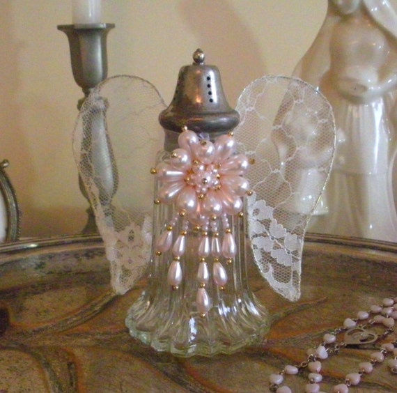 6 Tall Shabby Chic Altered Salt Shaker Lace Angel Wings