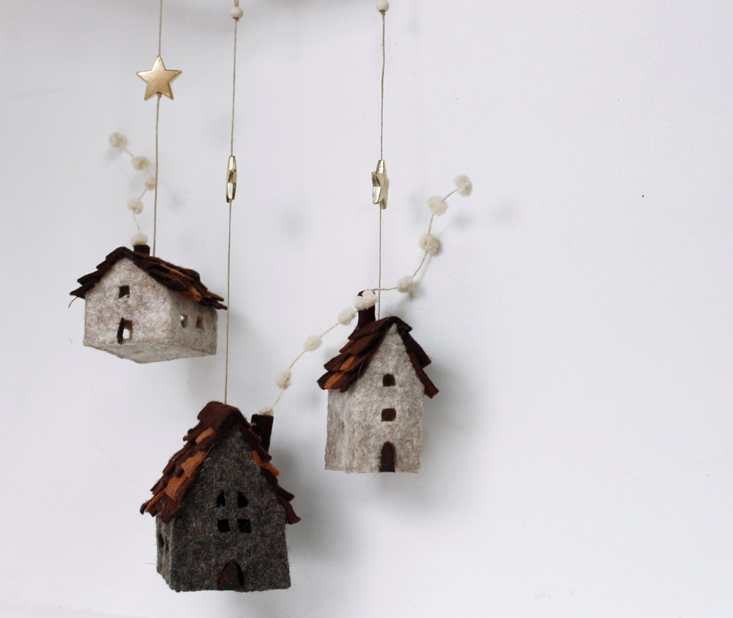 Houses ornaments felt Set of 3 rustic cottages Handmade by Intres