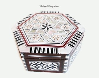 Vintage Jewelry Box, Wood, Mother of Pearl Shell Inlay