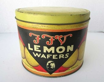 Vintage Lemon Wafers Cookies Tin, Advertising Tin, Southern Biscuit Co,, Lemon Cookies, FFV Factory Pic, Yellow, Red, Black, Vintage Tin