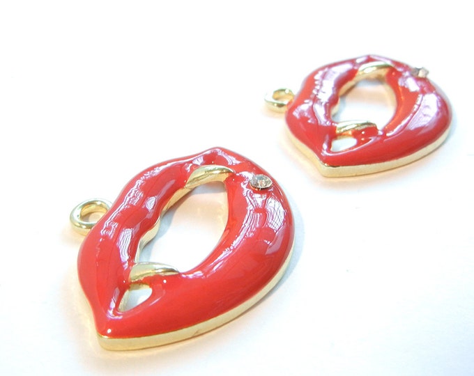 Pair of Red Epoxy Gold-tone Double Link Vampire Teeth Charms