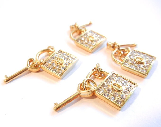 4 or 2 Pairs of Small Dimensional Rhinestone Gold-tone Locks with Key Charms