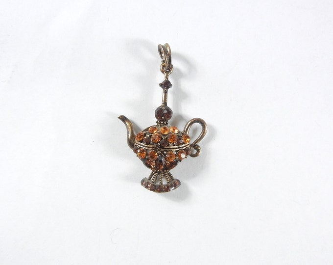 Topaz Rhinestone Magic Lamp Pendant Burnished Gold-tone