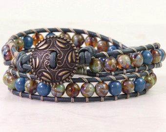 Boho Leather Wrap Bracelet Sage Green Dark Blue Bracelet Bohemian Jewelry Czech Glass Bead Bracelet Leather Jewelry Amber Wrap Gift for Her