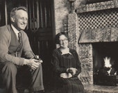 Original Vintage Photograph Man & Woman Sitting by Fire Fireplace 1930s