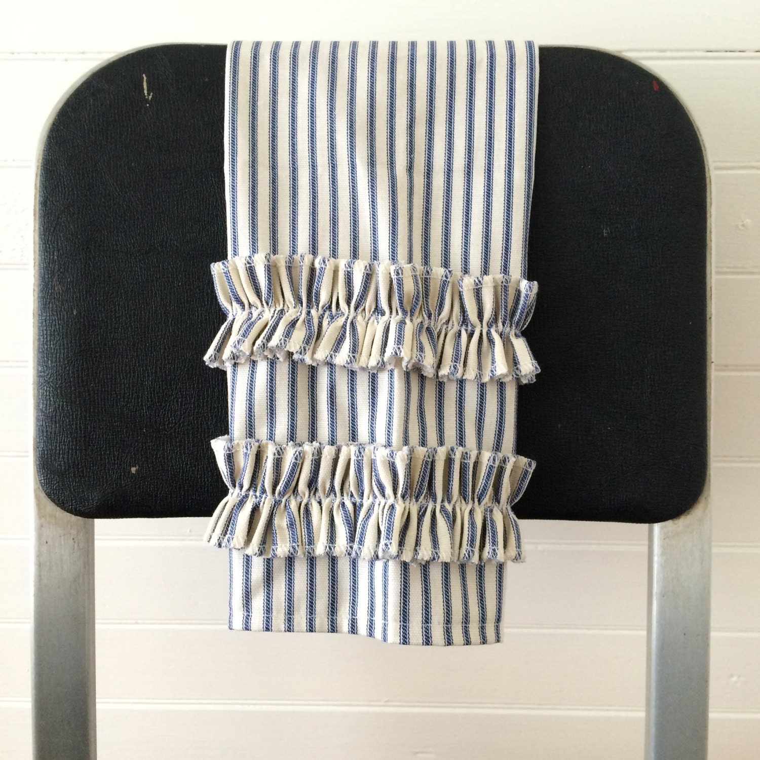 Navy Blue Ticking Stripe Guest Towel with Ruffle Trim