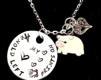 Pig Necklace - Pet Memorial Jewelry - Pet Memorial Gift - PIG Lover - Hand Stamped Jewelry - You Left Pig Prints on my Heart - Custom Name
