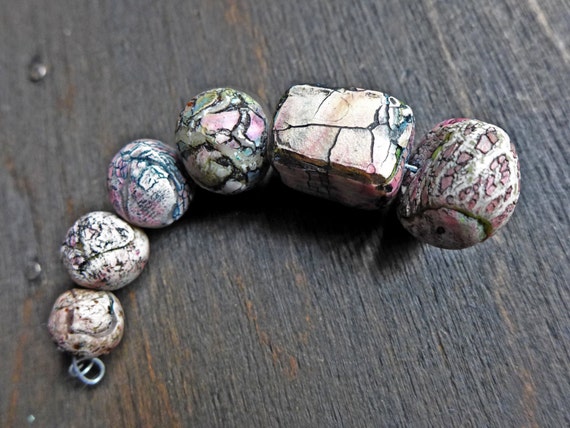 Broken Rainbows- rustic crackle polymer clay art bead set (6)- handmade artisan beads