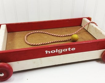 Vintage Holgate Wood Wagon, Red and White Wooden Block Toy Wagon with Pull Cord