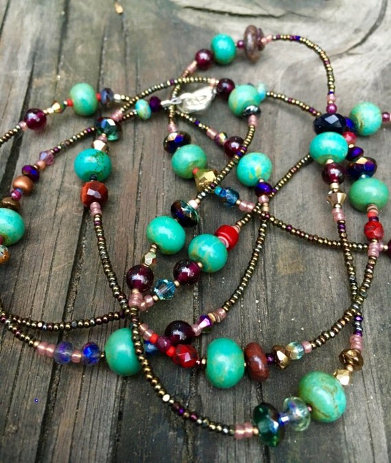 single strand vintage seed bead necklace with turquoise and