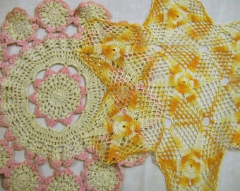 Vintage Doilies, Set of 2 Doily, Round Doily, Pink and White Doily, Gold Doily, Rustic Wedding Decoration