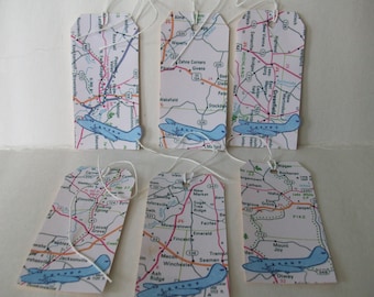 Map Tags, Handmade Travel Tags, Airplane with Map Tags, Handstamped Airplane Tags
