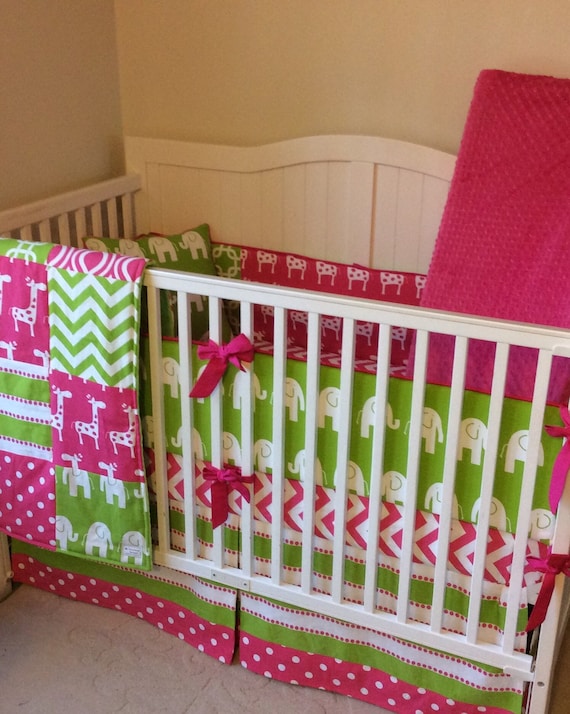 Baby Girl Crib Bedding Set Pink and Green Elephants and