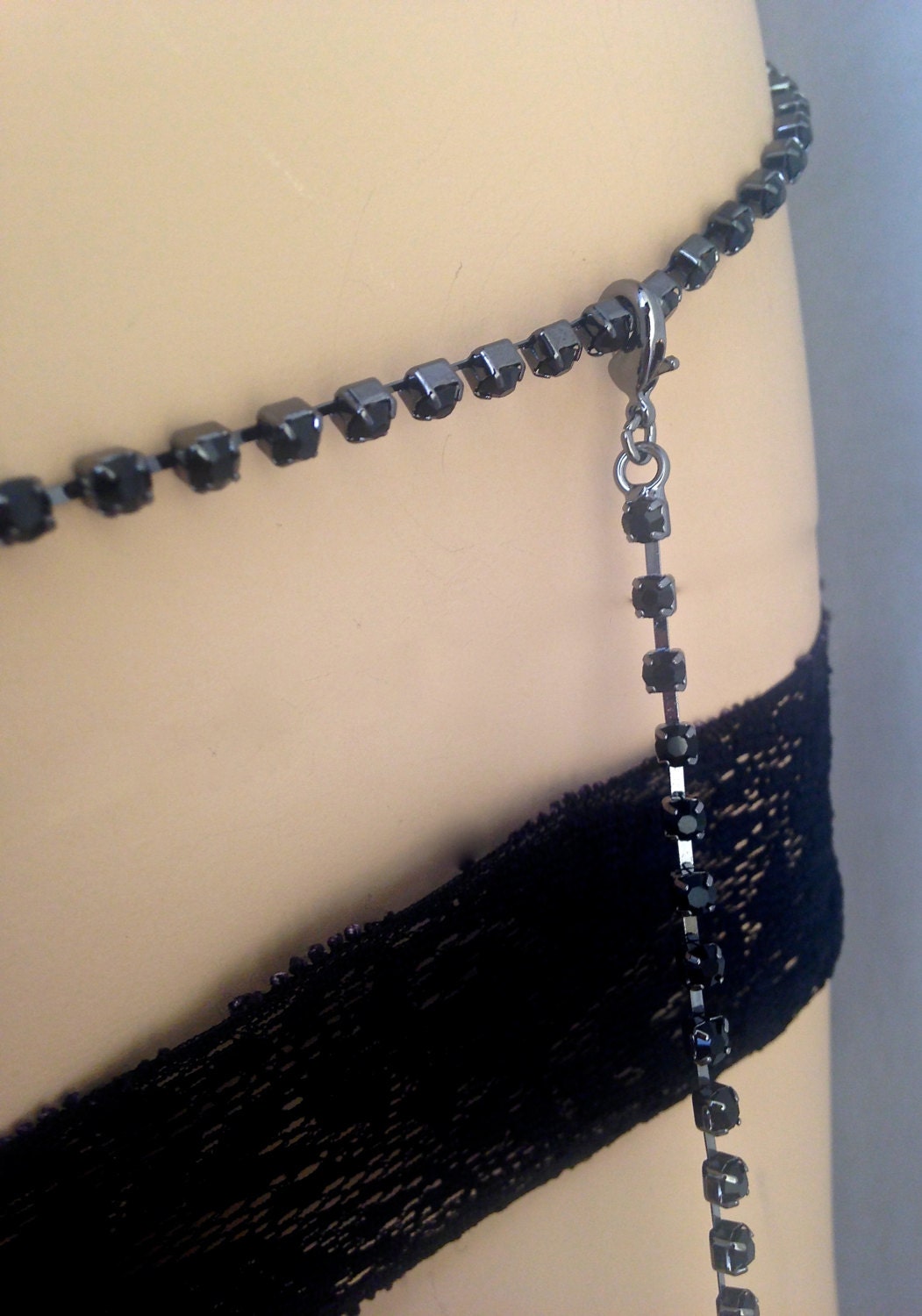 Black rhinestone garter belt chain lingerie burlesque