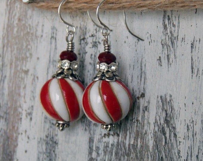 Custom Order for Tamara.. Red and White Striped Beaded Earrings Old Fashioned Striped Peppermint Candy Earrings