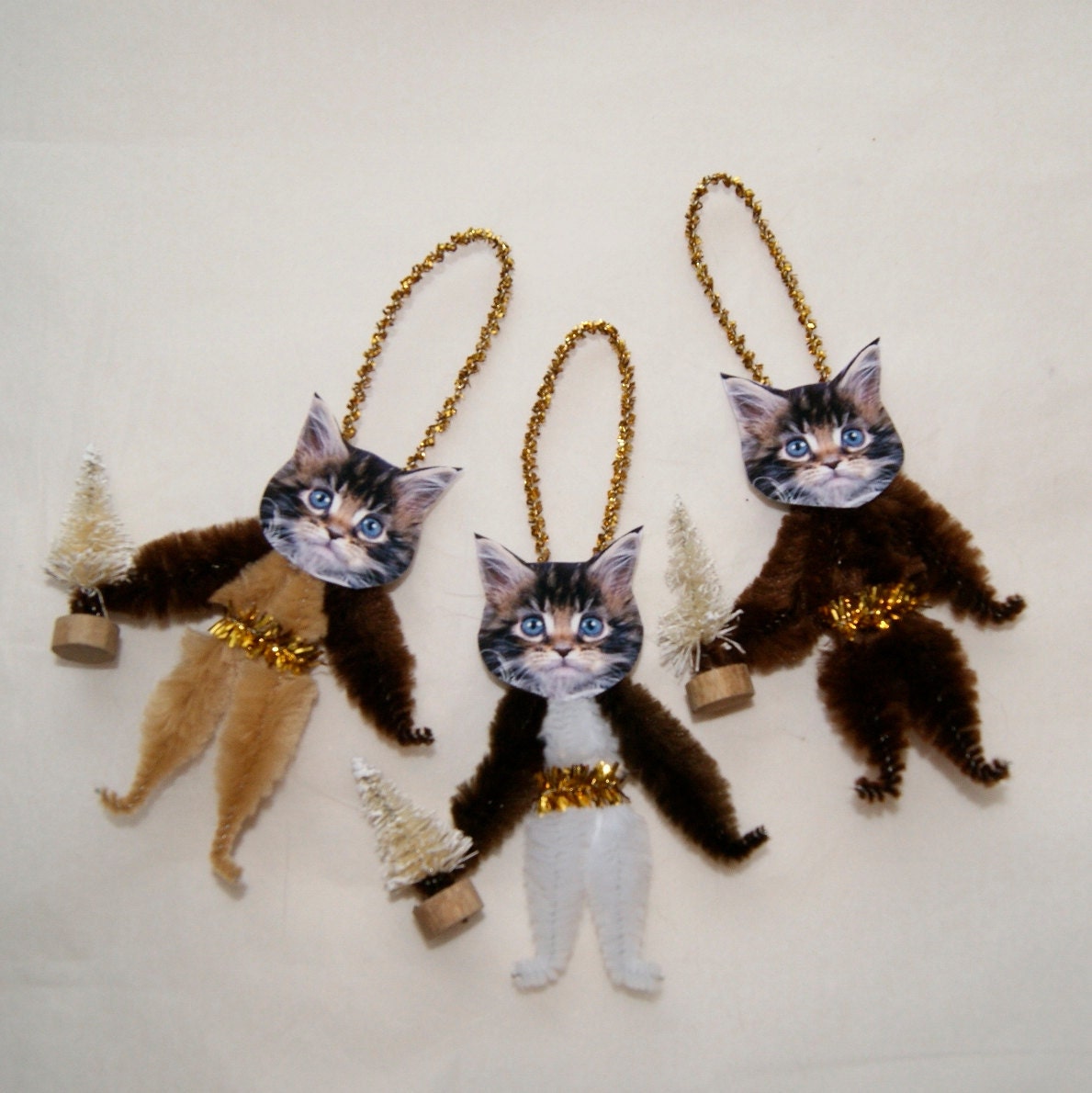 Chenille Cat Ornaments Primitive Vintage Style Trio of