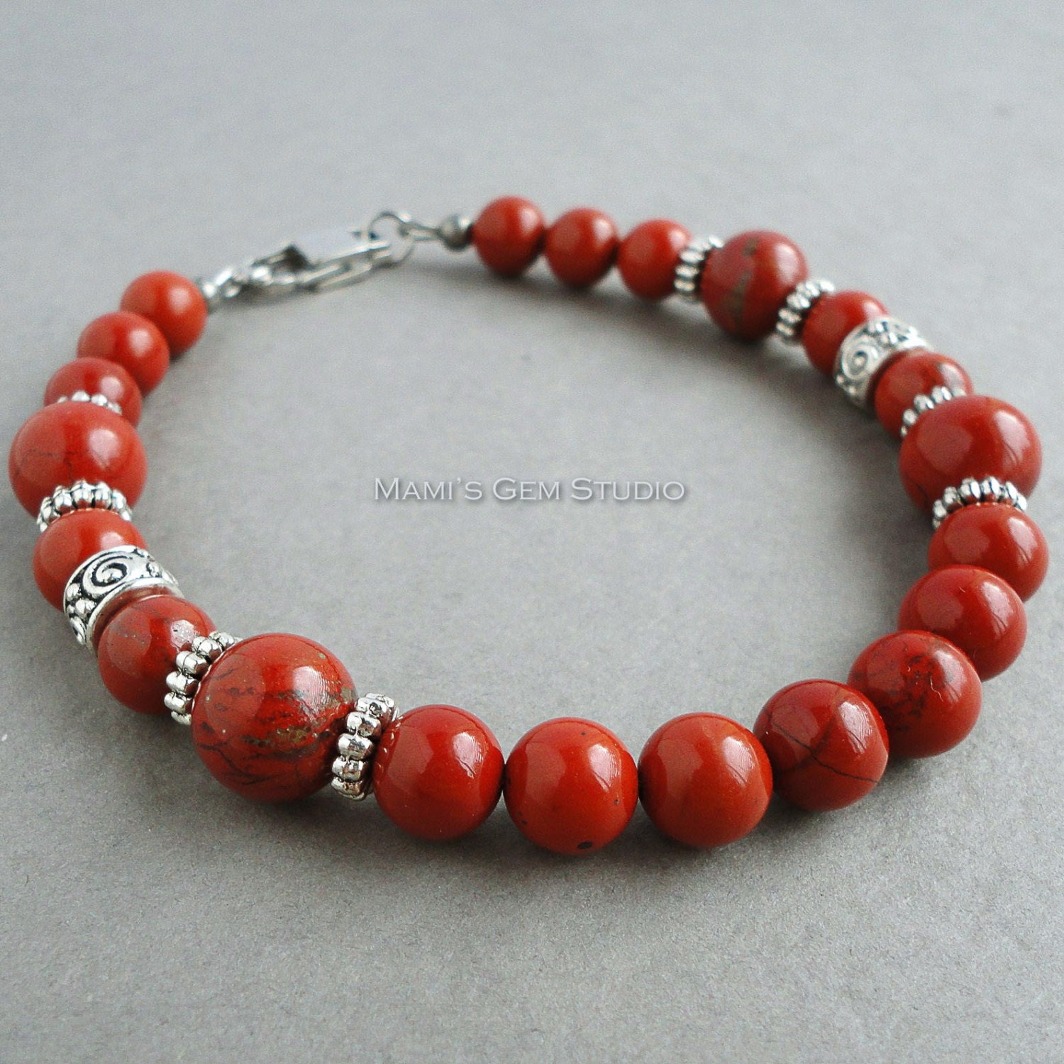 Red Jasper Stone Mens Bracelet Beaded Red Jewelry for Men and