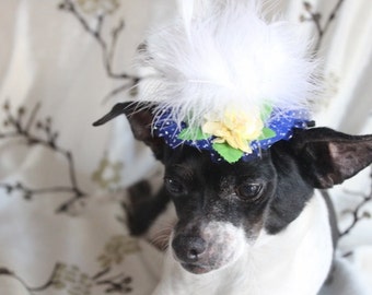 Cute blue color mini hat with white feather and flowers for dog or cat