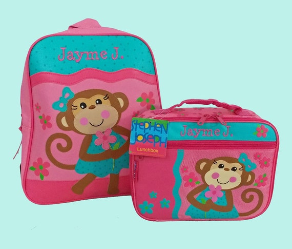 Child's Personalized Stephen Joseph GoGo GIRL MONKEY Themed Backpack and Lunchbox School Set-Monogramming Included In Price