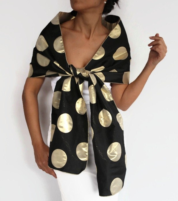 Black Gold Evening Shawl Stole Polka Dot Long Scarf Taffeta