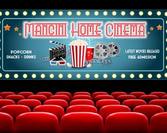 Personalized Home Cinema Sign with Flashbulb Border, Art Deco Font, Popcorn, Clapboard & Movie Reels Custom Sign, Home Theater Decor C1381