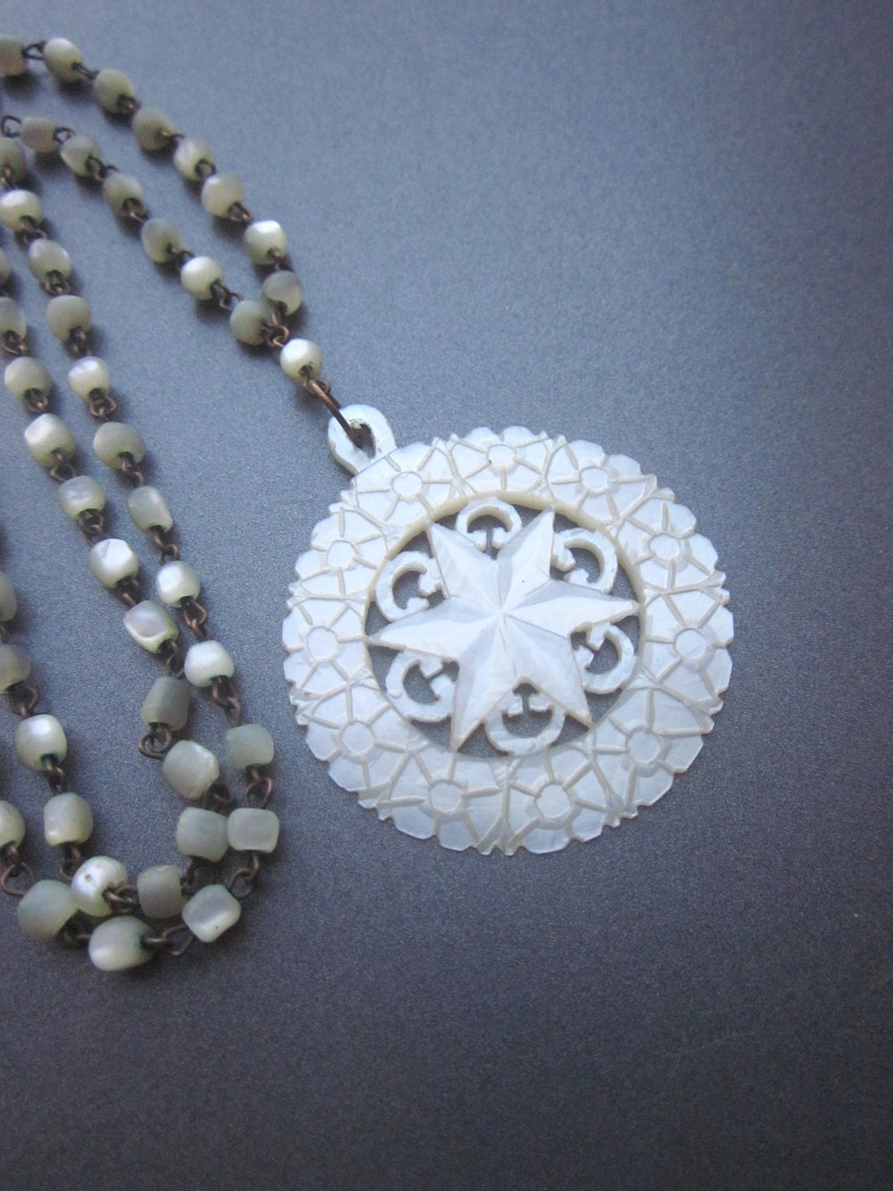Vintage Mother of Pearl Carved Necklace Shell Jewelry MOP