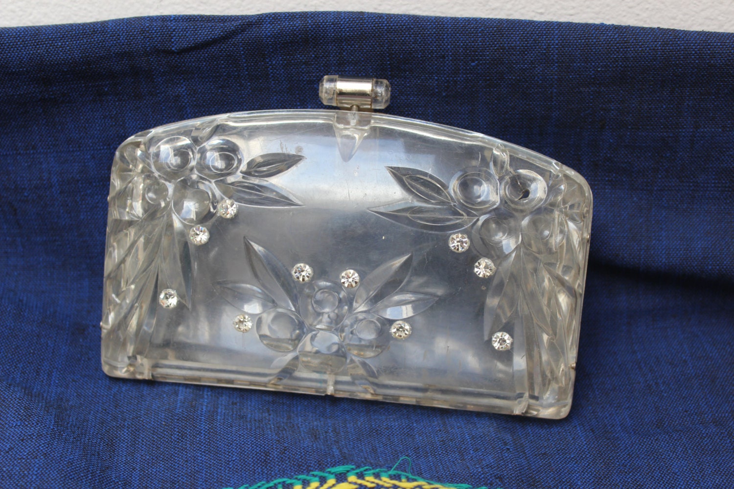 Lucite Clutch Clear Purse Rhinestones Evening Bag 1940 Vintage