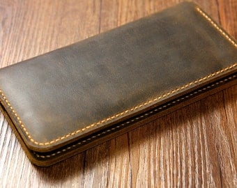 Men Women Distressed Leather long wallet / slim vertical bifold wallet / vintage leather clutch card holder -W005LCM