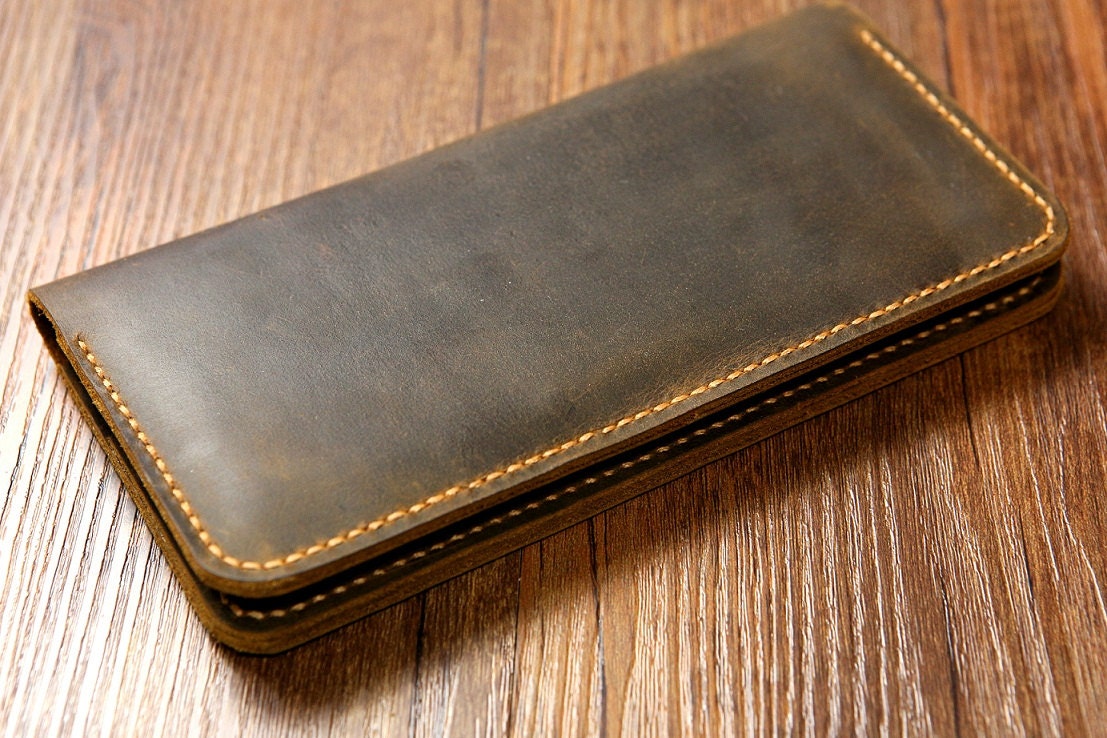 Men Women Distressed Leather long wallet / slim vertical