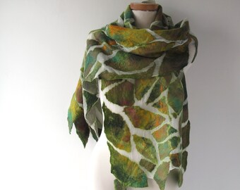 Nuno felted scarf, Green white felt scarf, woodland scarf , Women shawl Spring scarf Summer scarf