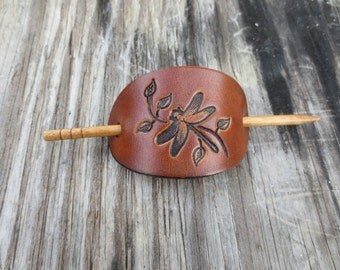 Small Leather Hair Stick Stamped with Dragonfly