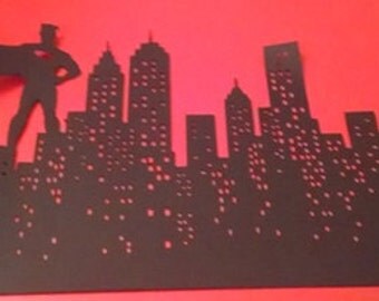 Superhero skyline silhouette by hilemanhouse on Etsy