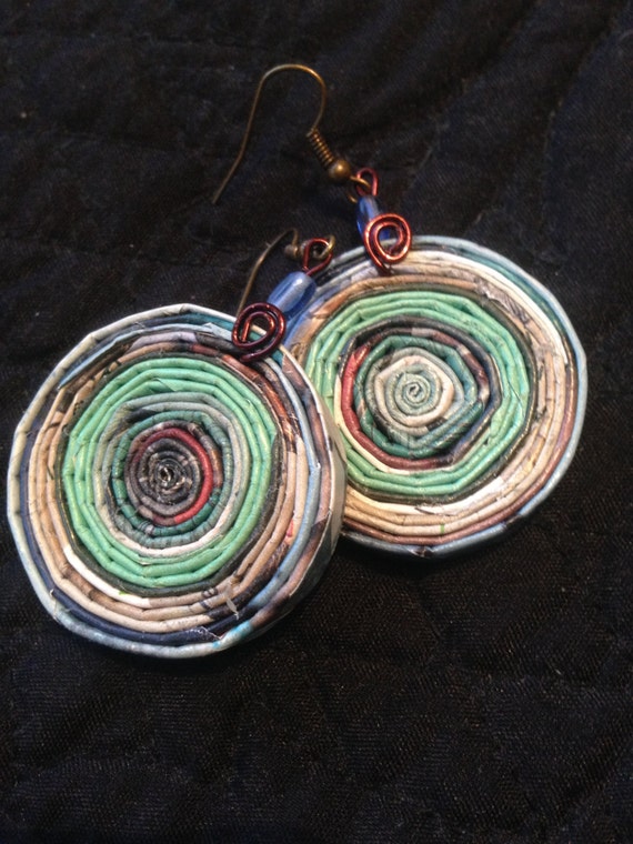 BLUE GREEN Round coiled recycled paper pierced earrings