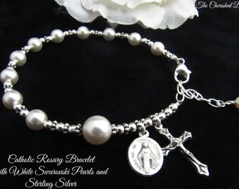 Catholic Rosary Bracelet with White Swarovski Pearl and Sterling Silver