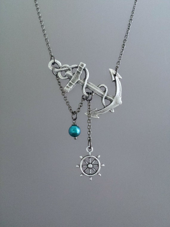 Lost at Sea Necklace Silver Anchor Necklace Teal Pearl