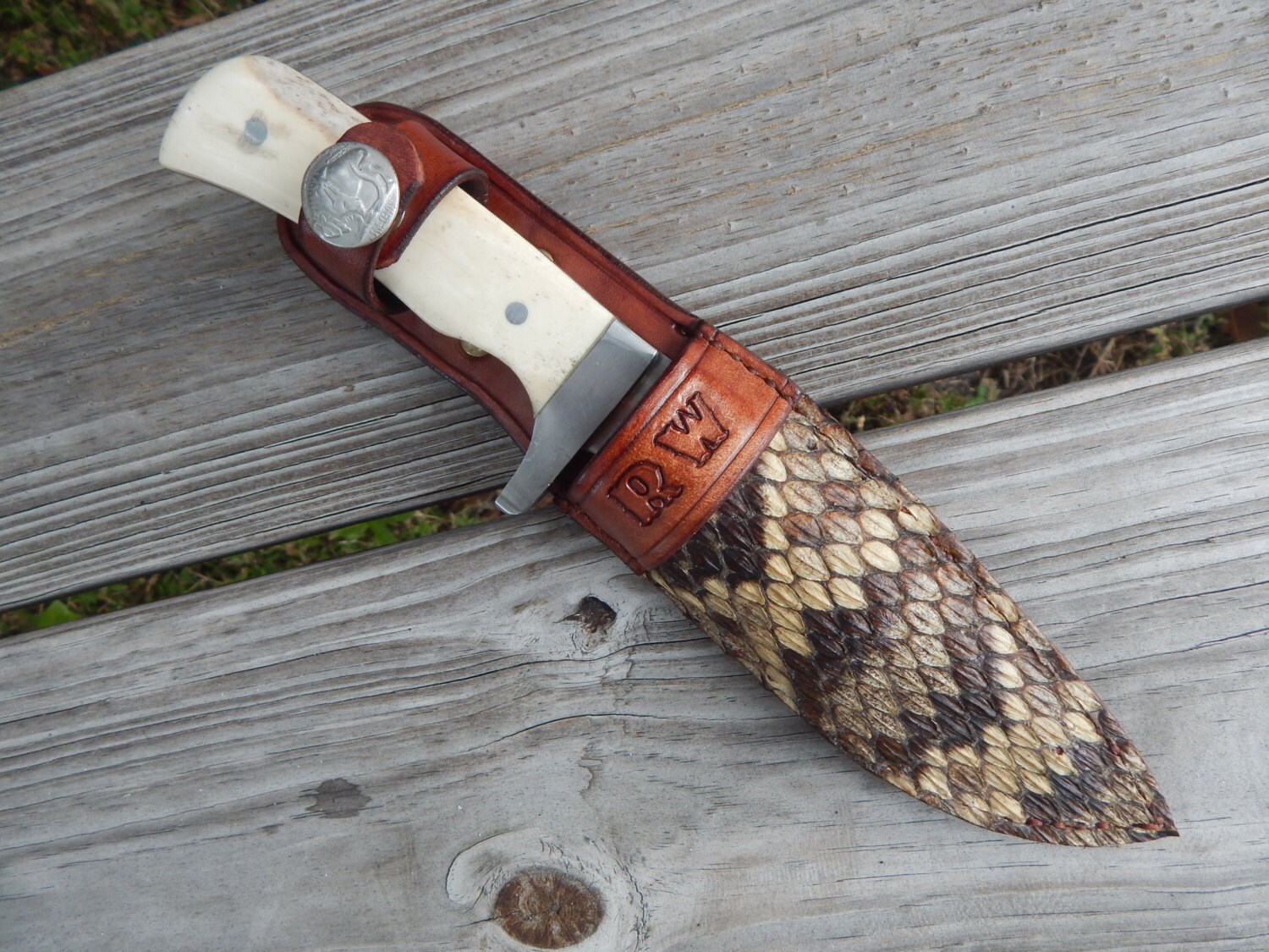 Leather Knife Sheath w/ Diamondback Rattlesnake Skin and
