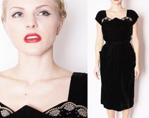 ... Dress / 1950s Cocktail Dress / Black Velvet Dress / Beaded Dress / Li.