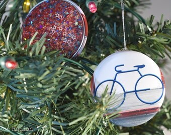 Bike Ornament - Bicycle Ornament - Glitter Ornament - Red White and Blue Bike Holiday Ornament - Sparkly Cycle Ornament - Origial Image