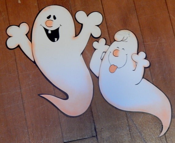 Vintage Halloween Ghosts Decorations Silly Ghost Decor Black Orange 70's Paper Ephemera