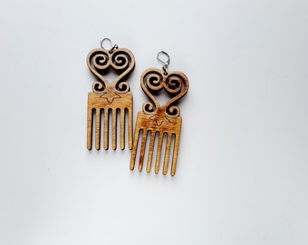 SALE.Ready to Ship//Sankofa Duafe Adinkra wood Afro comb earrings