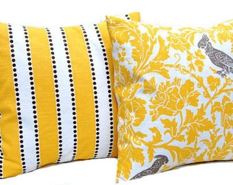 Two Yellow Pillow Covers - Throw Pillows - Decorative Pillow Covers - Bird Pillow - Yellow Cushion Covers - Living Room Decor - Sofa Pillows