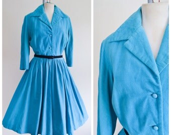 1950s Turquoise blue corded velvet shirtwaister / 50s Victor Josselyn full skirt dress - M