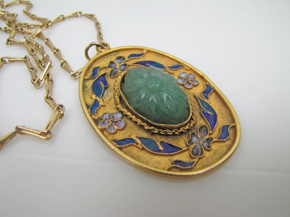 Art Deco Chinese Large Enamel Jade Gold Pendant Necklace.